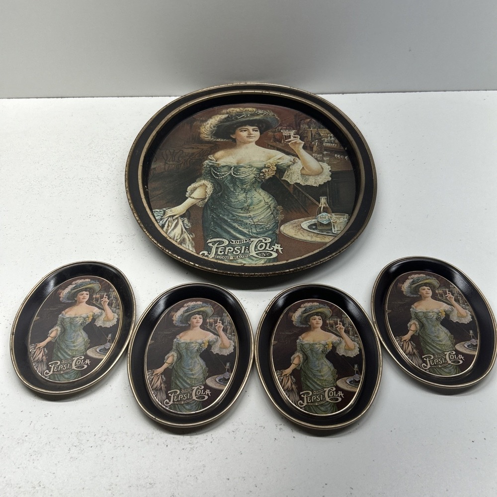 Vintage‎ Pepsi-Cola Advertising Tray Set 1 Large 4 Small Soda Collectible